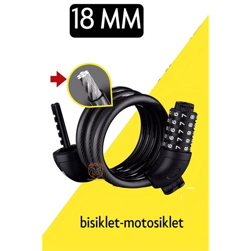 Tekno-Firsat Motosiklet Bisiklet Kilidi 18 mm 5 Kademe Şifreli Çelik Halat